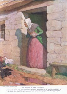 ジョン・ポール・ジョーンズの母親：女性が描かれた悲しい顔がドアに現れました。彼女は荷物を受け取り、それを彼女の手で計量しました、1928