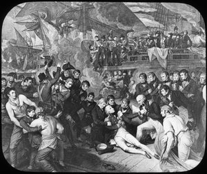 1805年のトラファルガーの戦いで負傷したネルソン卿