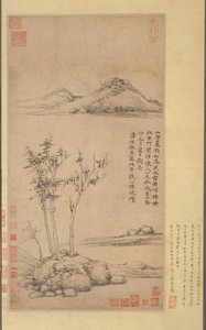 1363年、川岸の木々の間を曲がりくねる. 作： Ni Zan