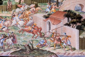 1431年のラ・ヒグエラの戦いを描いた戦いの広間のフレスコ画の詳細（フレスコ画 作： Niccolo (and workshop) Granello
