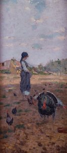 七面鳥に餌をやる少女（キャンバスに油彩）