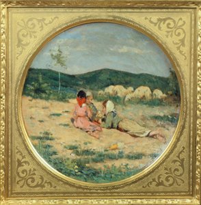羊飼いの姿が描かれたプレート、Niccolo Cannicci作、1880年頃、テラコッタプレートに油彩 作： Niccolo Cannicci
