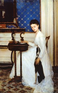 グレイハウンドとデスクで若い女性 作： Niccolo Cannicci