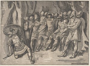 左下のアヤックスは盾を高く掲げ、右のアガメムノンは彼の...、1540-50年に囲まれています。