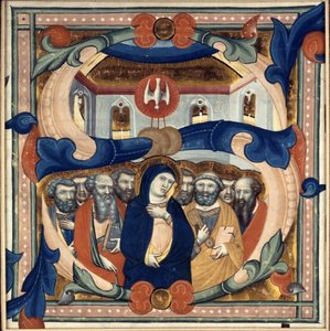 14世紀半ばの聖霊の降下を描いた歴史的な初期の「S」 作： Niccolo di ser Sozzo Tegliacci