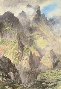 マデイラ島、グランデ・カラル、前景に観光客の一団、その向こうにピコ・グランデ（紙に水彩画） 作： ニコラス・シュヴァリエ