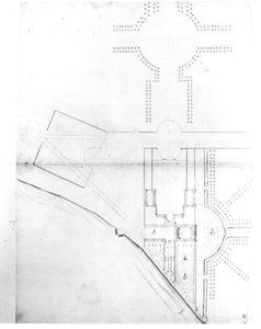 スキームIのサイト計画、1689年、ハンプトンコート（紙にペンとインクと鉛筆） 作： Nicholas Hawksmoor
