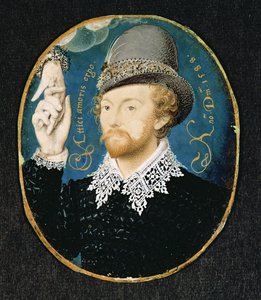雲から手を握りしめる男、おそらくウィリアムシェイクスピア、1588年 作： Nicholas Hilliard