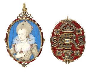 デンマークのアン女王の肖像画のミニチュア（1574-1619）、宝石で飾られたカバー付き、c.1611（ベラムにトイレ、エナメルを塗られた金のフレームにテーブルダイヤモンドがセット）（69710も参照）
