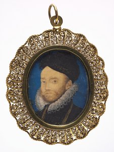男の肖像、c.1590（後の金箔の金属フレームのベラムにw - c） 作： Nicholas Hilliard