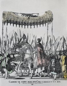 HOGENBERG, Nicolas (1500-1539).ボローニャにおけるシャルル5世の戴冠式シャルル5世 (1500-1558).神聖ローマ皇帝（1519-1556）、スペイン王（1516-1556）（シャルル1世として）。1523年から1534年にかけてのローマ法王。エングレーヴィング