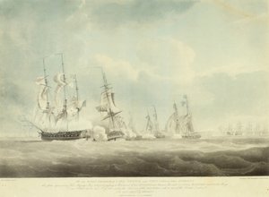 ラ・ミネルヴ」、「ラ・リンクス」、「パリヌール」、「シルフ」の風上を通過するHMS「パラス 作： Nicholas Pocock