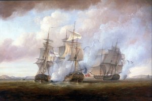 3月9日、フランスのフリゲート「レジスタンス」と「コンスタンス」が、HMS「サン・フィオレンツォ」と「ニンフ」に拿捕された。 作： Nicholas Pocock