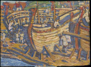 船の建造。同じタイトルの絵のスケッチ、1903 作： Nicholas Roerich