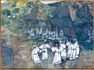 サークルダンス（輪舞）。 Nicolas (Nicholas) Roerich (1874-1947) の作品、紙に水彩とグワッシュ、1900-1910 年頃。 ロシア美術、20世紀、象徴主義。 State M. Nesterov Art Museum of Republic Bashkortostan、ウファ (ロシア)。 作： Nicholas Roerich