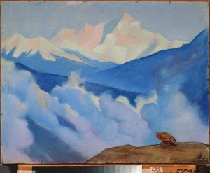 ヒマラヤ (チベット)。 ニコラス・レーリッヒ (1874-1947) の作品、ダンボールにテンペラ 作： Nicholas Roerich