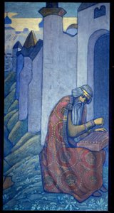 11世紀にグースリ（グスリ、フースリ、フスリ）を演奏するロシアの吟遊詩人ボヤン。 Nicolas (Nicholas) Roerich (1874-1947) の絵画、キャンバスにテンペラ 作： Nicholas Roerich