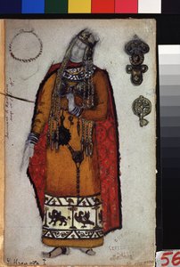 リヒャルト・ワーグナー (1813-1883) によるオペラ「トリスタンとイゾルデ」の衣装プロジェクト。 Nicholas Roerich (1874-1947) の作品、紙に鉛筆、ガッシュ、インク 作： Nicholas Roerich