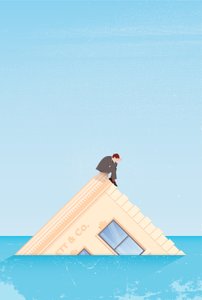 沈没するビルの上にいる男