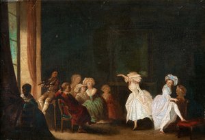 ダンス学校（ニクラス・ラフレンセン、ニコラ・ラヴランス、ラヴランス（1737-1807）と呼ばれる）。木に油彩、サイズ：26.5x40、個人蔵 作： Niclas II Lafrensen