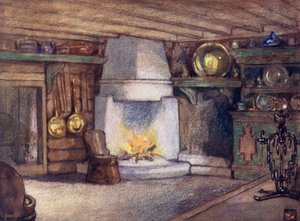 ノルウェーテレマルケンのコテージのインテリア（カラーリトグラフ 作： Nico Jungman