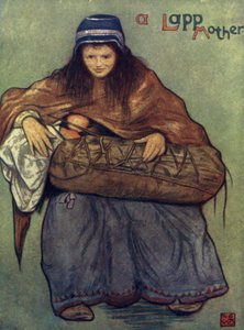 ノルウェー。ラップ族の母と子（カラーリトグラフ 作： Nico Jungman