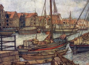 ノルウェーベルゲンの船と倉庫（カラーリトグラフ 作： Nico Jungman