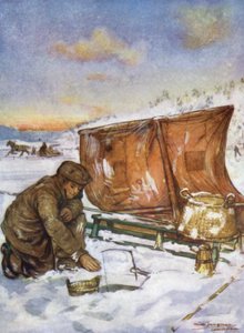 ノルウェー。クリスチャニア・フィヨルドでの氷上釣り（カラーリトグラフ 作： Nico Jungman