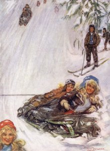 ノルウェー。ホルメンコーレンの「転がったソリに乗った少女たち」（カラーリトグラフ 作： Nico Jungman