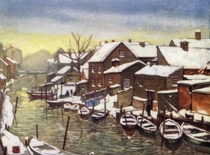 ノルウェークリスチャニアの旧運河（カラーリトグラフ 作： Nico Jungman