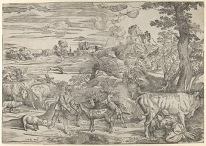 牛乳を注ぐ女が右に、少年が左にいる風景。 1535-40 年頃。 1535-40。 作： Nicolò Boldrini