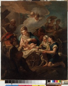 ニコラ・グラッシ（1682-1748）による「「幼子キリストの崇拝」」（1682-1748）の絵画、18世紀のミカロユス・コンスタンティナス・クルリオニス美術館、カウナス、リトアニア 作： Nicolò Grassi