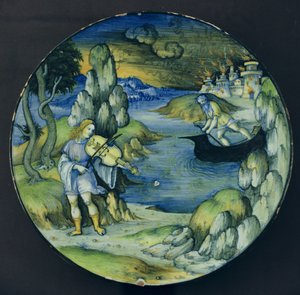 オルフェウスとカロン、マイオリカ・プレート、1515年頃（陶製） 作： ニコロ・ペリパリオ