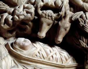 Art and Gothic architecture: the nativite - Nicola Pisano (1215/20-1278/84) が1266年から1268年にかけて製作した大理石の説教台の浮き彫りの詳細（大理石の説教台の詳細、キリストの降誕） Cathedrale Notre-Dame-de-l