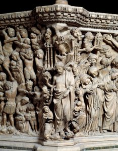 ゴシックアート。イエスは悪徳を打ち砕く、説教壇のレリーフの詳細 作： Nicola Pisano