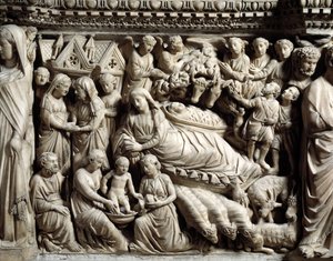 ゴシック美術と建築。訪問と降誕 - ニコラ・ピサーノ（1215/20-1278/84）が1266年から1268年にかけて制作した大理石の説教台の浮き彫りの詳細（大理石の説教台の詳細、訪問と降誕） Cathedrale Notre-Dame-de-l