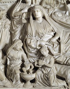 La nativite (nativity) 詳細 ニコラ・ピサーノ(1215/20-1278/84)が実現した椅子 (大理石の説教壇) イタリア、ピサのバプティステール聖ヨハネ1260番地