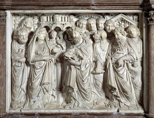 寺院へのイエスの提示（Presentation of Jesus to the Temple） ニコラ・ピサーノ（1215/20-1278/84）が実現した椅子（大理石の説教壇） 1260 Baptistere Saint John of Pisa (Battistero san Giovanni di Pisa), イタリア