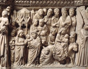 神殿の提示とエジプトへの逃避行、大理石の説教壇からのディテール 作： Nicola Pisano