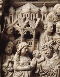 寺院でのプレゼンテーションとエジプトへの逃避ニコラ・ピサーノによる大理石の説教壇の救済の詳細 作： Nicola Pisano