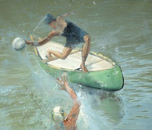 ボートに乗ったバレリーナ、2021年（キャンバスに油彩） 作： Nicola Pucci
