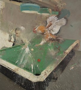 雄鶏とビリヤード、2021年（キャンバスに油彩） 作： Nicola Pucci