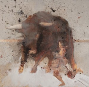 闘牛士を連れた雄牛、2019年（木に油彩、燃焼） 作： Nicola Pucci