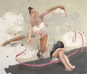 しゃがむ少女、2022年（キャンバスに油彩） 作： Nicola Pucci
