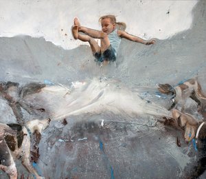 犬とジャンプする少女、2023年（キャンバスに油彩） 作： Nicola Pucci