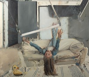空中ブランコをする少女、2022年（キャンバスに油彩） 作： Nicola Pucci