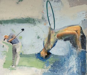 ダイバーとフープを持つゴルファー、2023年（キャンバスに油彩） 作： Nicola Pucci