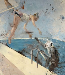 空中ブランコをする猿、2021年（キャンバスに油彩） 作： Nicola Pucci
