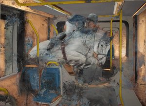 列車に飛び乗る白馬、2023年（銅に油彩） 作： Nicola Pucci