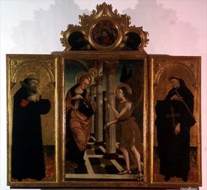 トリプティク：神が上にいる受胎告知を描いた中央パネルと2人の聖人の姿を描いた側面パネル（パネルにテンペラ） 作： Nicola de Maestro Antonio